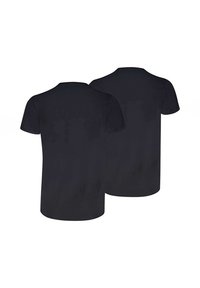 Deux t-shirts noirs unis à manches courtes vus de dos, avec des encolures rondes et sans logos ni motifs visibles.