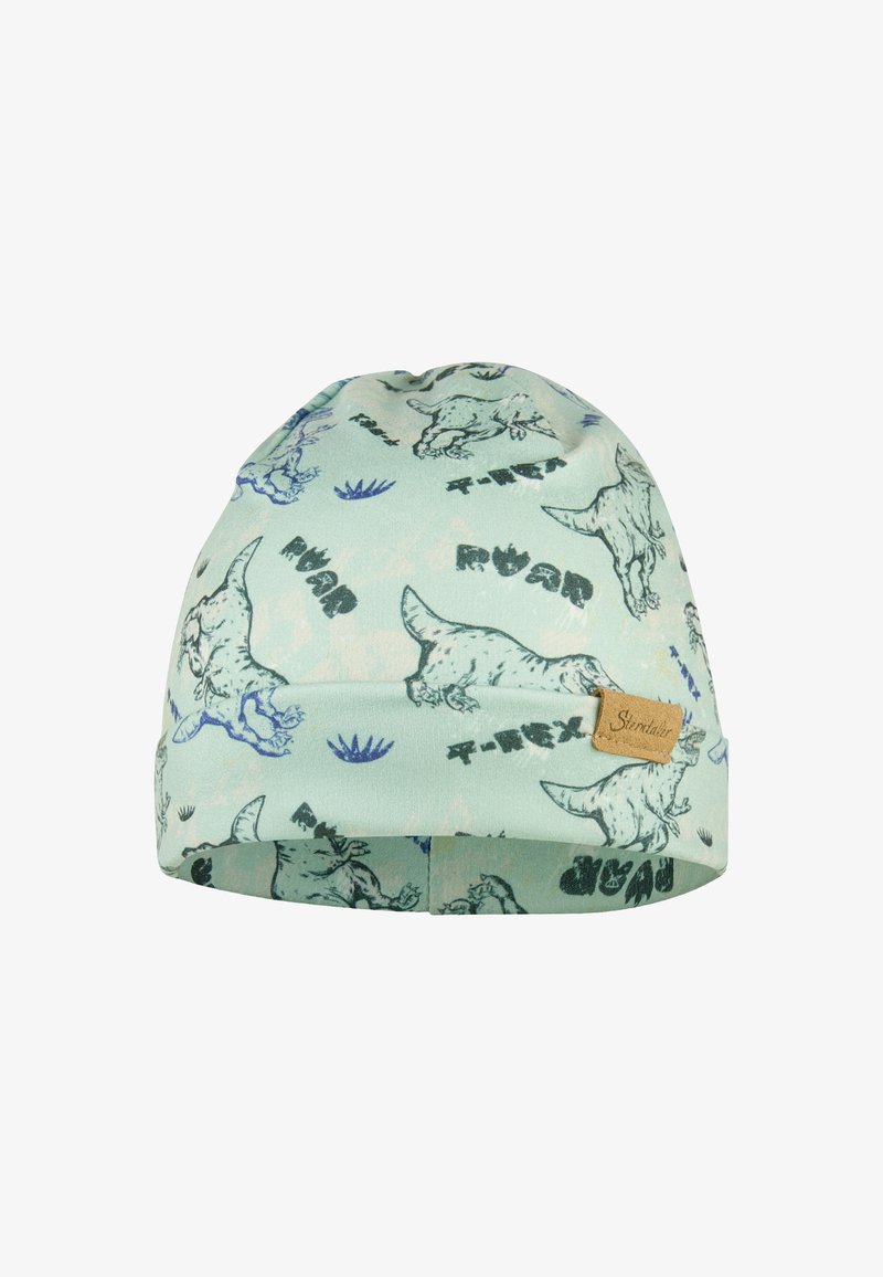 Light blue beanie with dinosaur illustrations and text, made of soft fabric, featuring a folded cuff and stitched leather logo.