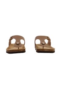 Sandales plates marron avec une seule sangle réglable, semelle intérieure texturée et semelle en liège de couleur claire. Design ouvert à l'avant avec une forme arrondie.