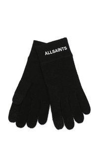Svarta stickade handskar med en texturerad tyg, med en ribbad manschett och vit "ALLSAINTS"-logotyp broderad på handledsområdet.