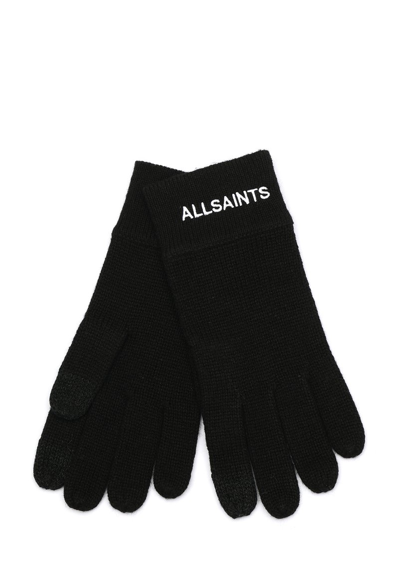 Svarta stickade handskar med en texturerad tyg, med en ribbad manschett och vit "ALLSAINTS"-logotyp broderad på handledsområdet.
