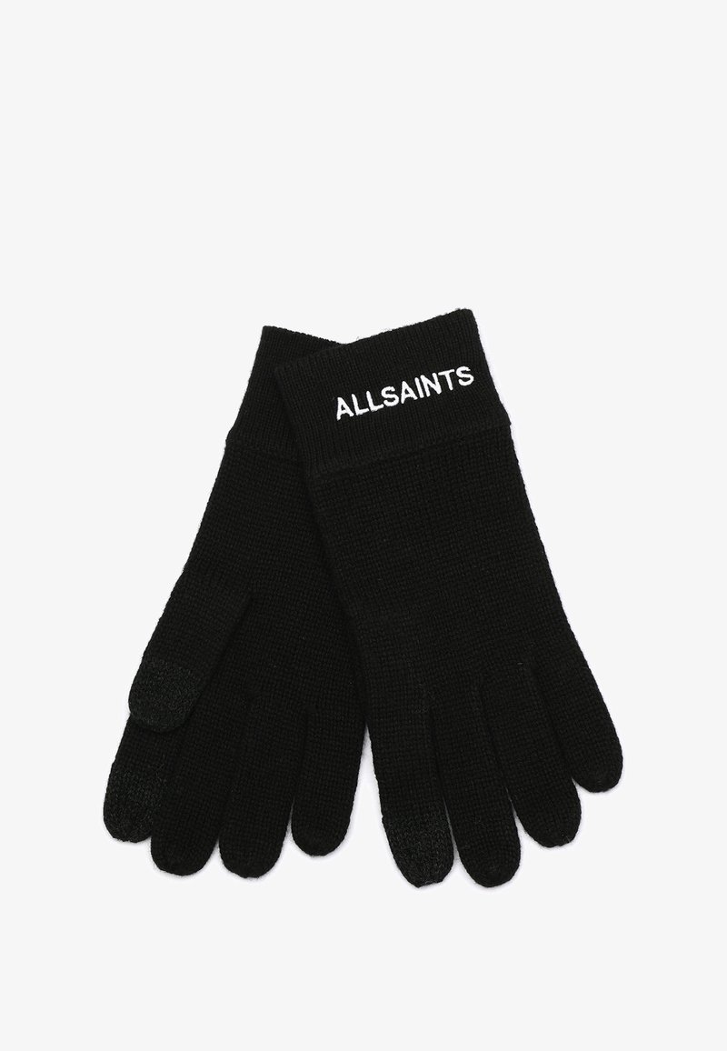 Svarta stickade handskar med en texturerad tyg, med en ribbad manschett och vit "ALLSAINTS"-logotyp broderad på handledsområdet.