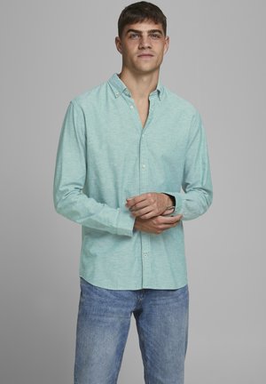 Camisa de botones verde claro con un sutil patrón texturizado, mangas largas y un cuello clásico, combinada con jeans azules.