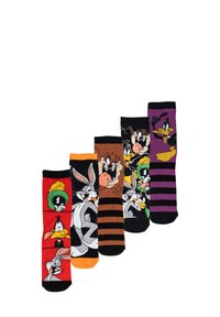 Cinque paia di calzini colorati con personaggi dei cartoni animati. I materiali sono tessuti lavorati a maglia. Vari colori: rosso, arancione, marrone, nero, viola, e i disegni includono righe e personaggi.