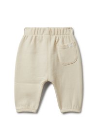 Jasno beżowe bawełniane spodnie z elastycznym paskiem, zakończone ściągaczem na kostkach oraz pojedynczą tylną kieszenią z haftowanym wykończeniem.