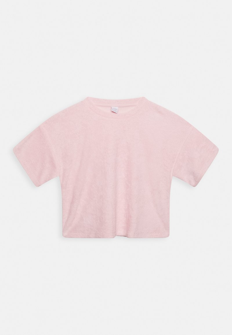 Top crop rosa de manga curta feito de material suave e felpudo. Apresenta um decote redondo e um corte solto e boxy.
