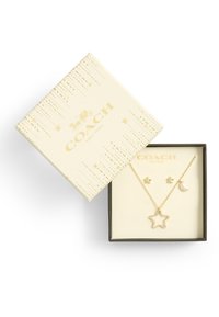 Set di gioielli in oro in una scatola con un ciondolo a forma di stella su una catenina, un charm a forma di luna e orecchini a forma di stella. La scatola ha una finitura crema con dettagli dorati.