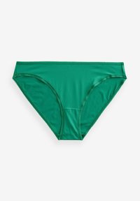 Groene bikinionderkant van gladde stof, met een klassieke snit en iets verhoogde zijkanten, en een eenvoudige, naadloze tailleband.
