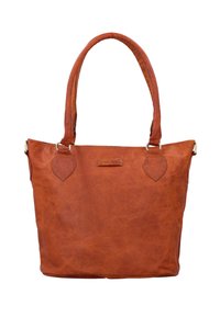 Brown leather tote bag with two rounded straps, a soft texture, and decorative leaf-shaped accents on the sides.