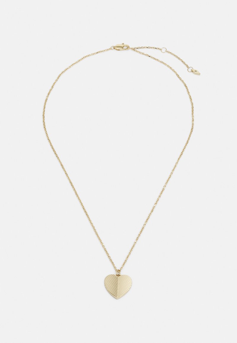 Halskette in Goldoptik mit einem herzförmigen Anhänger mit strukturiertem, geripptem Design. Die Kette ist zart und verfügt über einen Karabinerverschluss.