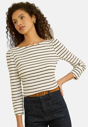 Gestreiftes Langarmshirt mit gewelltem Ausschnitt, aus leichtem Material gefertigt. Es hat eine weiße Basis mit Marineblau gestreift und ein figurbetontes Design.