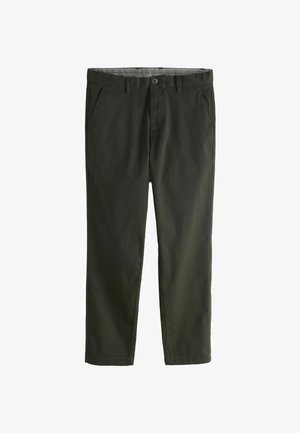 Pantalons en coton vert foncé avec une coupe droite, poches avant, fermeture à bouton et une texture lisse. Présentent des détails de couture subtils.