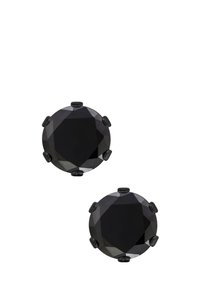 Zwarte kristallen studoorbellen, ronde vorm, gefacetteerd oppervlak, gezet in zwart metaal, met zes klauwachtige accenten die elke steen vasthouden.