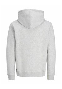 Jasnoszara, długosleeve'owa bluza z kapturem przedstawiona z tyłu, z regulowanym kapturem i ściągaczami przy mankietach oraz u dołu.