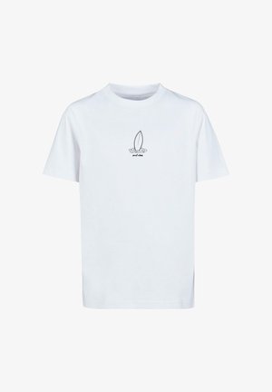 Balts kokvilnas T-krekls ar īsām piedurknēm. Uz krūšu daļas ir melna grafika ar sērfinga dēli un stilizēts uzraksts "surf vibes".