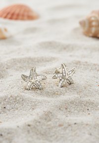 Sölj starfishörhängen med klara stenar, detaljerad femuddig design, som vilar på en sandyta. Snäckor framträder suddigt i bakgrunden.