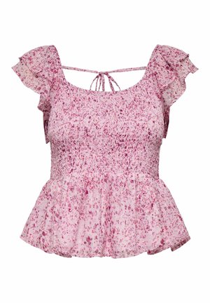 Pink floral smocked sleeveless blouse with ruffled cap sleeves, peplum hem, and thin tie straps across the upper back.