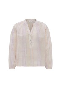 Blusa beige chiaro con scollatura a V, chiusura con bottoni e maniche lunghe a sbuffo. Presenta un sottile motivo a quadri con linee pastello. Tessuto misto cotone.