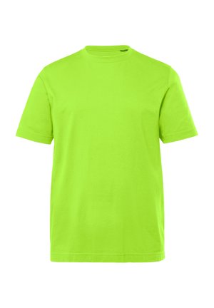 Maglietta in cotone verde brillante con collo rotondo classico e maniche corte. Design semplice, texture liscia e priva di motivi o decorazioni.