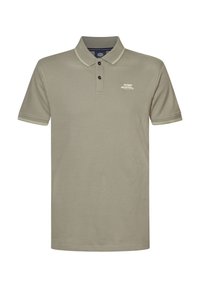 Ljus olivgrön polo skjorta i texturerad tyg, med krage, tre knappar och tunna beige detaljer på ärmarna och kragen.