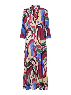 Robe maxi avec un devant à boutons, présentant un motif abstrait multicolore en rouge, bleu, vert et crème. Fabriquée en tissu léger.