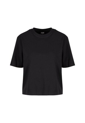 Zwarte crop top met korte mouwen, gemaakt van zachte stof; heeft een ronde halslijn en een comfortabele pasvorm. Glad textuur, minimalistisch ontwerp.