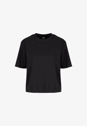 Černé krátké tričko s krátkým rukávem z měkké tkaniny; má kulatý výstřih a volný střih. Hladká textura, minimalistický design.