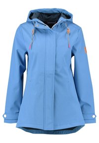 Chaqueta impermeable ligera de mujer en color azul claro, con capucha, cierre delantero de cremallera y botones, cordones ajustables y puños abotonados.