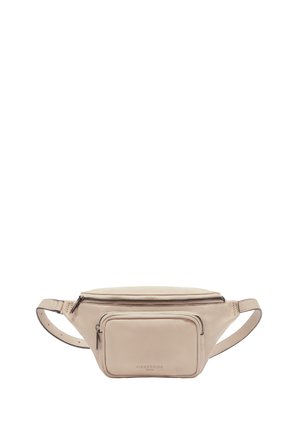 Helle beige Leder Hüfttasche mit einem Hauptfach mit Reißverschluss und einer vorderen Reißverschlusstasche. Glatte Textur mit verstellbaren Riemen auf beiden Seiten.