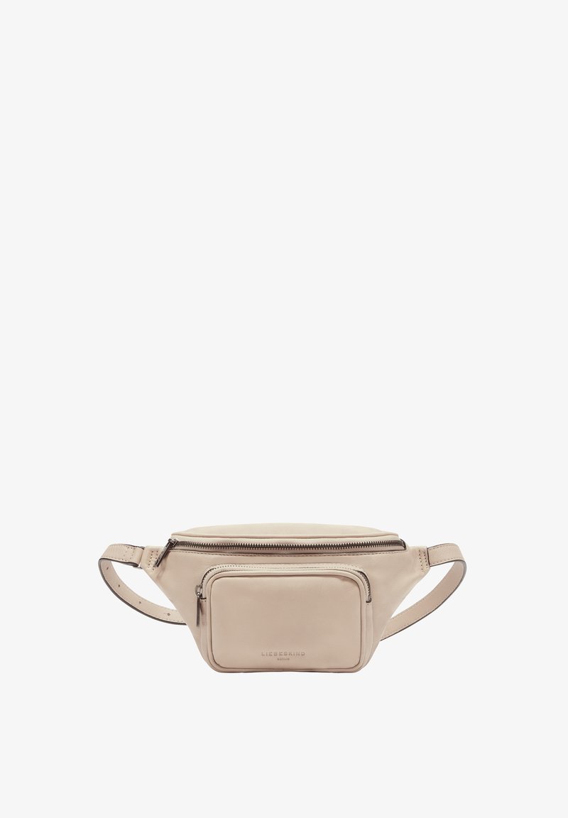 Pale beige leather fanny pack with a main zip compartment and a front zip pocket. Smooth texture with adjustable straps on each side.