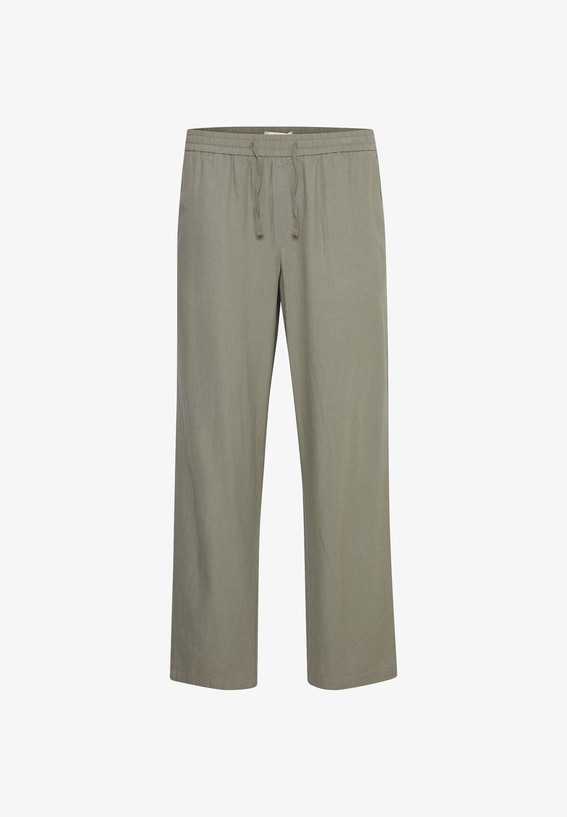 Lyse olivengrønne bukser med lige ben, elastik i taljen og snøre, lavet af letvægtsstof.