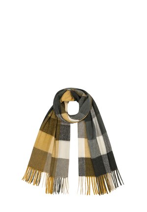 Plaid scarf with fringed ends, featuring mustard, gray, black, white, and beige color blocks arranged in a checkered pattern.