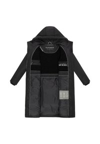 Manteau long noir en matériau imperméable, doté d'une capuche, de plusieurs poches et d'une doublure intérieure douce. Comprend une étiquette d'instructions d'entretien.