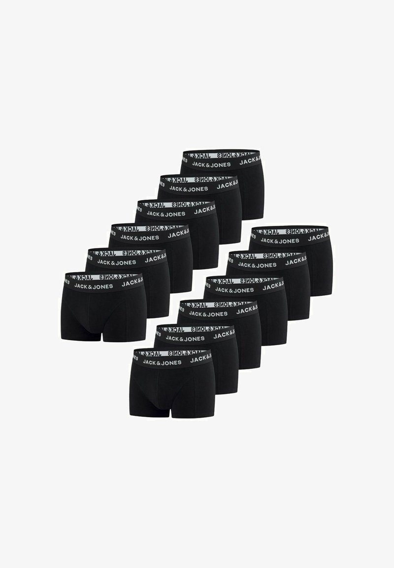 Black boxer briefs featuring a branded elastic waistband with white lettering. The fabric appears smooth and stretchable. Set of twelve pairs.