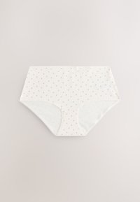 White women's cotton underwear with small pink polka dots, laid flat on a light background.