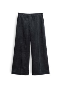 Pantaloni a gamba larga in corduroy neri con dettagli sulla cucitura frontale e tasche laterali, esposti su uno sfondo bianco.