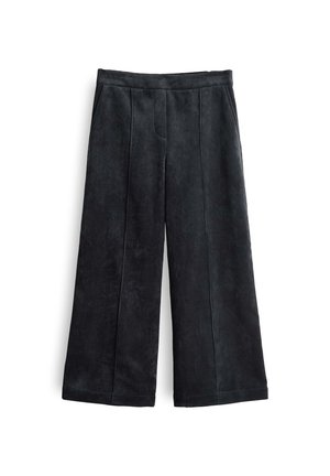 Pantaloni a gamba larga in corduroy neri con dettagli sulla cucitura frontale e tasche laterali, esposti su uno sfondo bianco.
