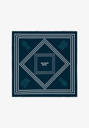 Marineblaues Baumwoll-Bandana mit weißen geometrischen Linien und türkisfarbenen Ananas-Grafiken in den Ecken. In der Mitte steht der Schriftzug "marcopolo denim".