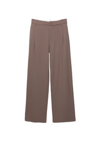 Pantalon marron taille haute à jambes larges avec passants de ceinture, plis devant et fermeture avant cachée, présenté à plat sur fond blanc.