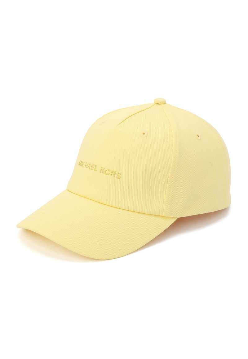 Casquette de baseball jaune avec visière courbée et "MICHAEL KORS" brodé au centre devant en fil jaune assorti.