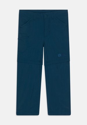 Pantalons bleu marine en tissu léger, dotés de plusieurs poches, d'une fermeture à bouton et d'une poche latérale zippée pour le rangement.