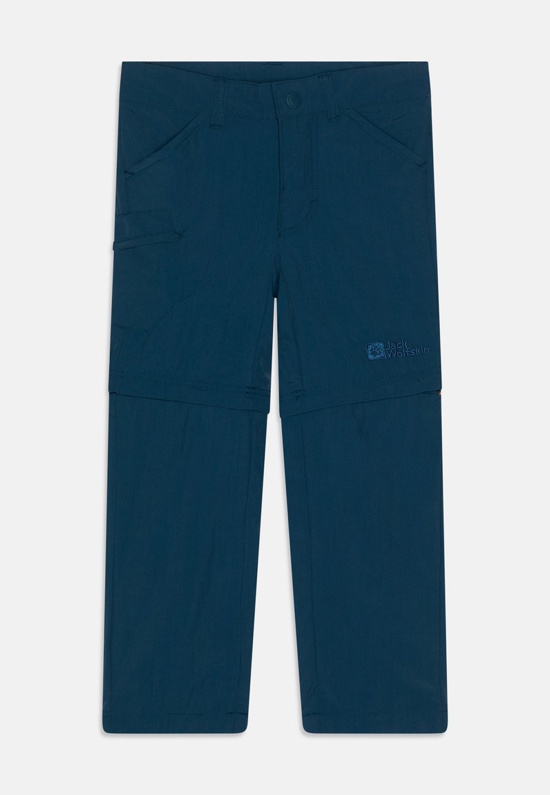 Pantalons bleu marine en tissu léger, dotés de plusieurs poches, d'une fermeture à bouton et d'une poche latérale zippée pour le rangement.