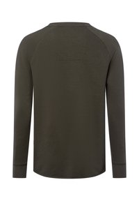 Ciemnooliwkowa, długosleeve'owa koszula z splotem waflowym pokazana od tyłu, z ściągaczami przy mankietach i okrągłym dekoltem.