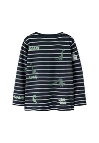 Langärmliges navy-gestreiftes Shirt mit grünen Dinosauriergrafiken und Text. Zu den Merkmalen gehören ein weicher Stoff, Rundhals und lässige Passform.