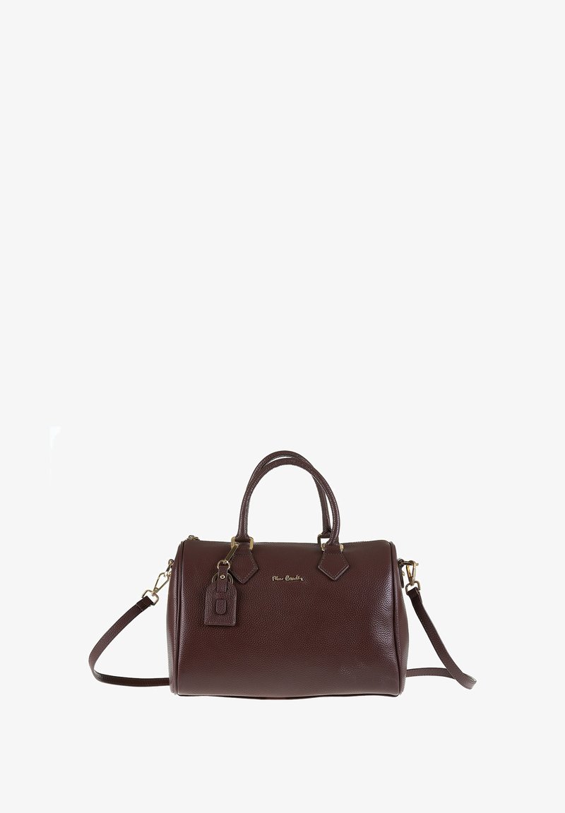 Borsa a mano in pelle marrone scuro con doppi manici, tracolla removibile e finiture in tonalità dorata su sfondo bianco.