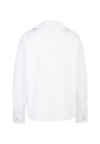 White long-sleeve shirt with a spread collar, button cuffs, and a smooth texture. The back is plain with a slightly curved hemline.