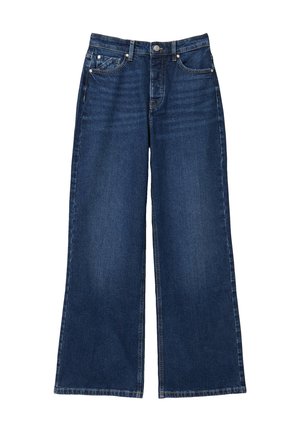 Jeansy o szerokich nogawkach w ciemnoniebieskim deninie, posiadające pięć kieszeni, zapięcie na guzik oraz widoczne detale przeszyć wzdłuż szwów.