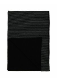 Sciarpa nera con righe strutturate da un lato e nera uniforme dall'altro. I bordi sono rifiniti con cura. Tessuto morbido con un design semplice.