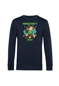 Felpa blu navy con un personaggio pixelato dai capelli castani, che tiene una balestra, e il testo "MINECRAFT ALEX" sopra.