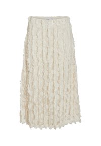 Kreemi värvi põlveliigini seelik, millel on tekstuuriga, volangidega disain, sobitatud vöökohaga ja voolava siluettiga.